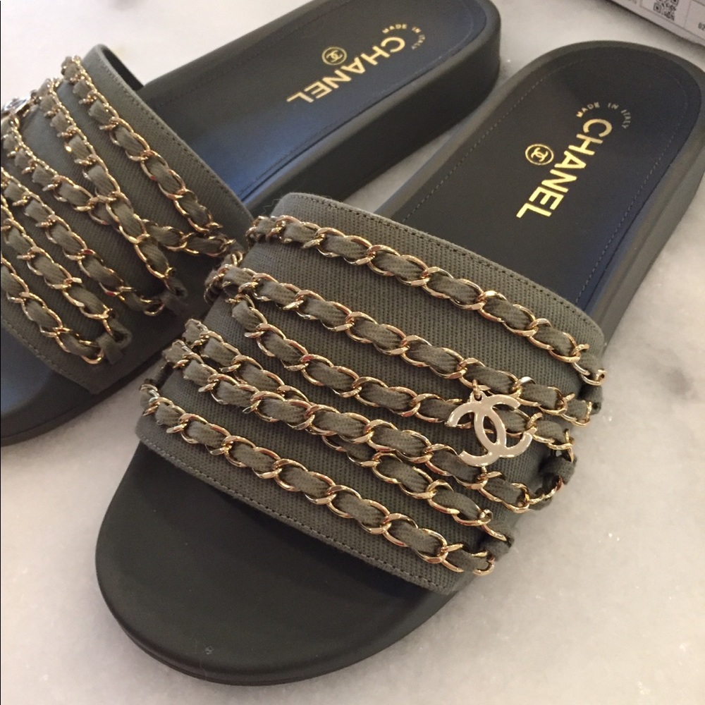 HP 10/5✨ Chanel Tropicana Slides Khaki Size 40/10 - Picture 6 of 8
